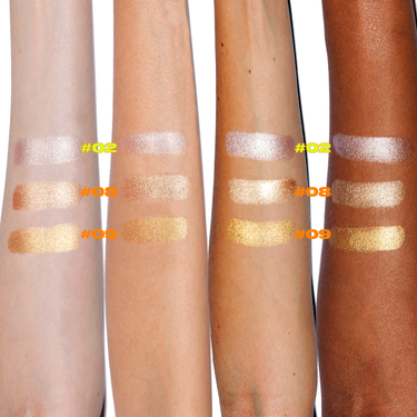 Image of Cream Highlighters by Beauty For Certain, swatched on arms with different skin tones. #02 (silvery shimmer), #08 (peachy gold), #09 (golden glow).