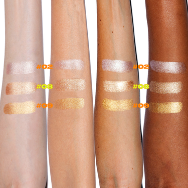 Image of Cream Highlighters by Beauty For Certain, swatched on arms with different skin tones. #02 (silvery shimmer), #08 (peachy gold), #09 (golden glow).