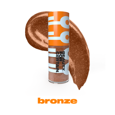 Image of High-Pigment Gloss with swatch by Beauty For Certain in Bronze. Bronze is a shimmering, metallic brown gloss with flecks of glitter.