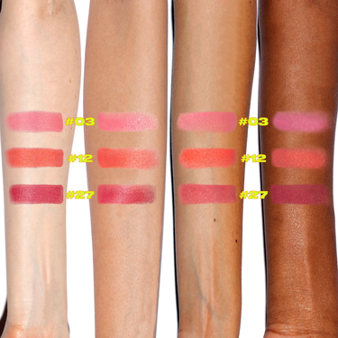 Image of Cream Blushers by Beauty For Certain, swatched on arms with different skin tones. #03 (strawberry pink), #12 (fiery coral), #27 (magenta rose).