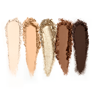 Swatch shot of the Playa to Palazzo Eyeshadow Palette with five shades: Beach, Papaya, Golden, Cocoa, & Espresso.